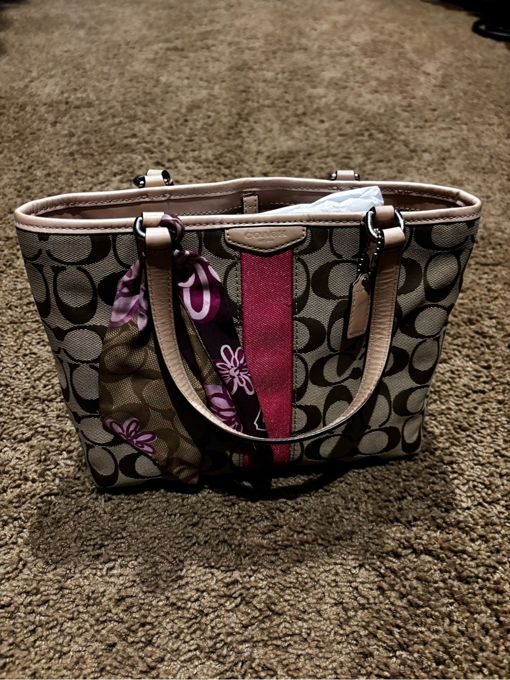Coach Brown Signature Canvas Tote with Pink Stripe and Floral Scarf